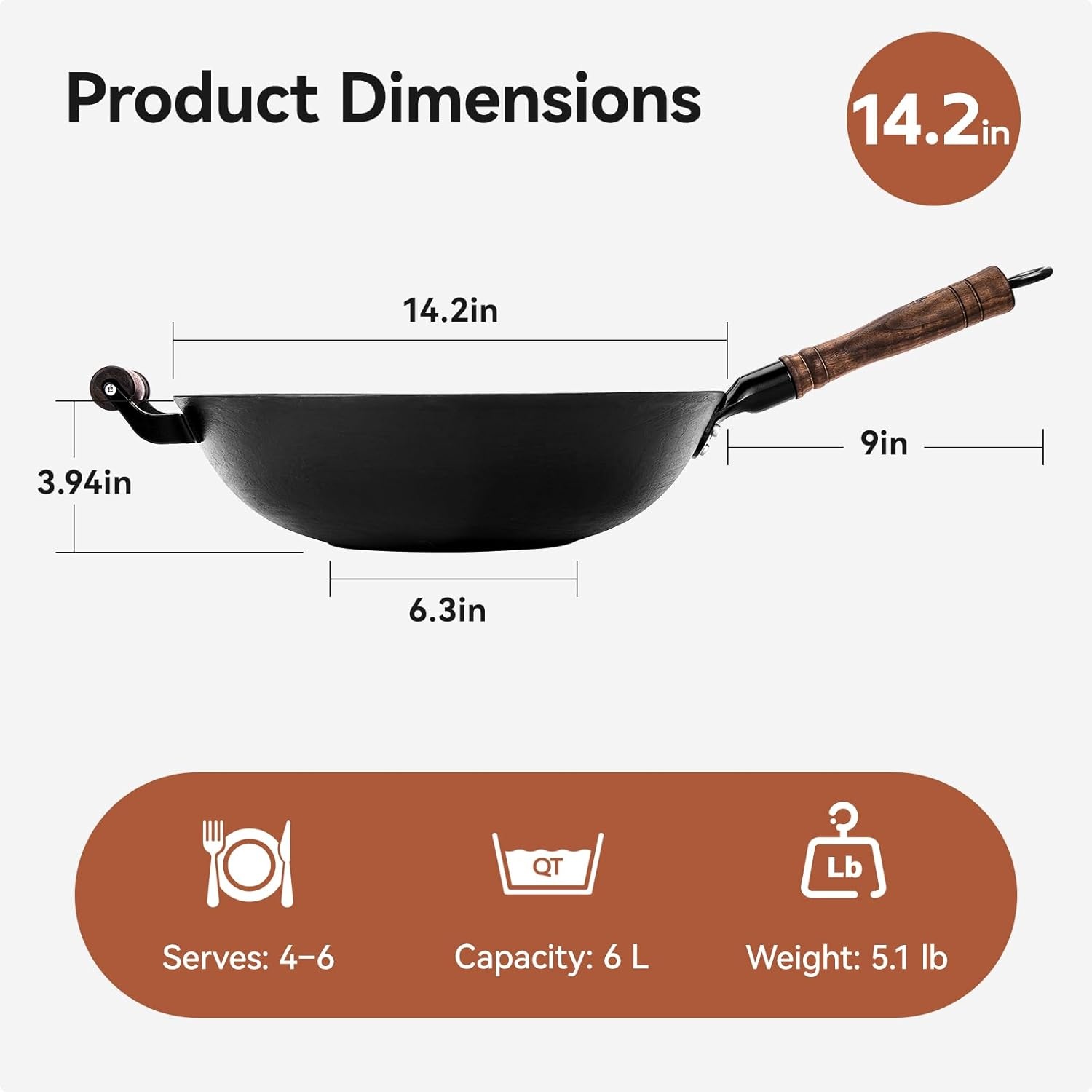 image:imageWANGYUANJI Cast Iron Wok Flat Bottom 1421 with Traditional Iron Spatula