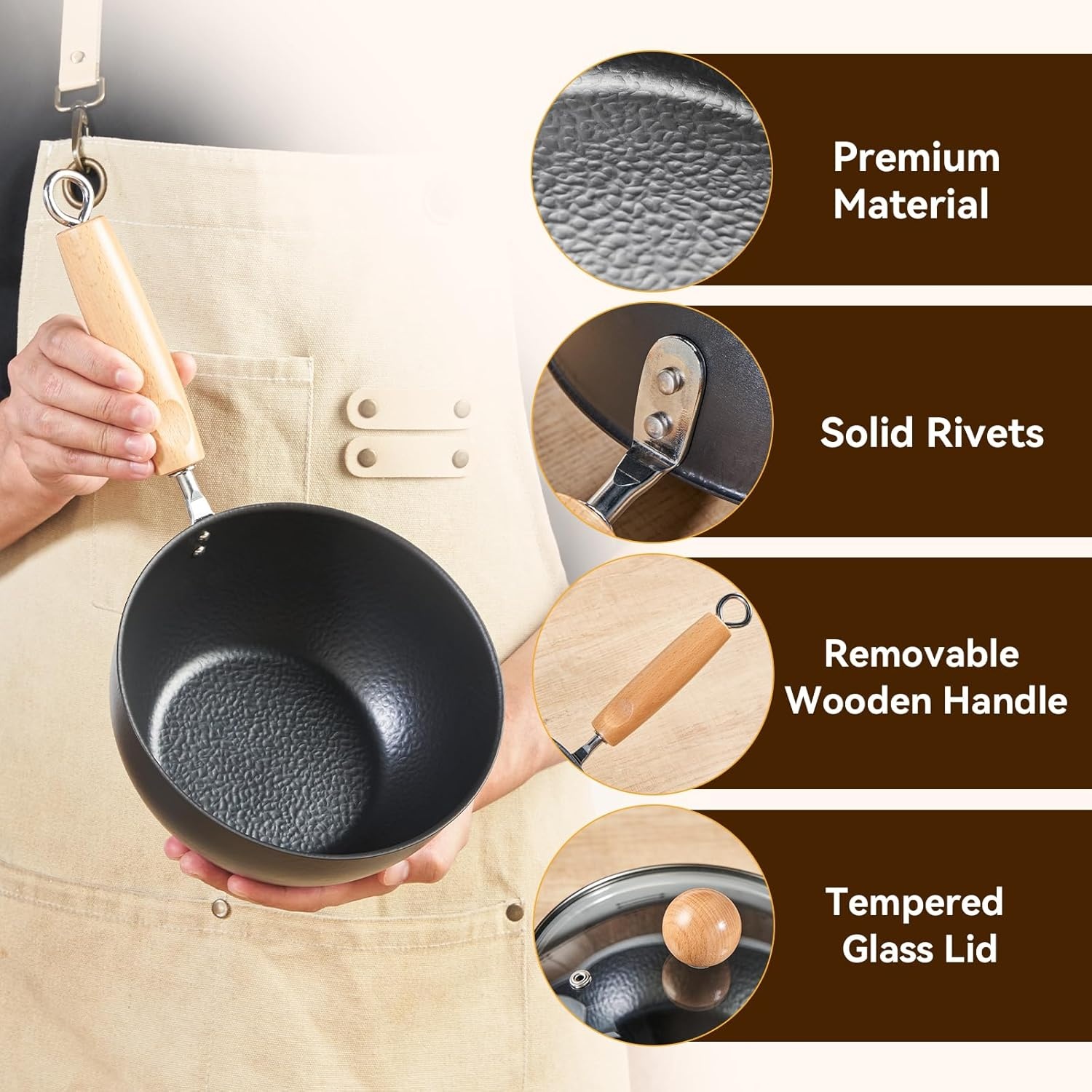 image:imageWANGYUANJI Cast Iron Wok Pan 12 inch Flat Bottom with Wooden Handle and Lid and 71 Inch Hammered Cast Iron Saucepan with Glass Lid