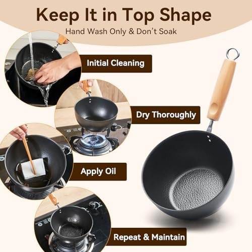 image:imageWANGYUANJI Cast Iron Wok Pan 12 inch Flat Bottom with Wooden Handle and Lid and 71 Inch Hammered Cast Iron Saucepan with Glass Lid