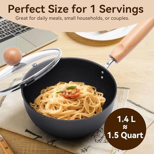 image:imageWANGYUANJI Cast Iron Wok Pan 12 inch Flat Bottom with Wooden Handle and Lid and 71 Inch Hammered Cast Iron Saucepan with Glass Lid