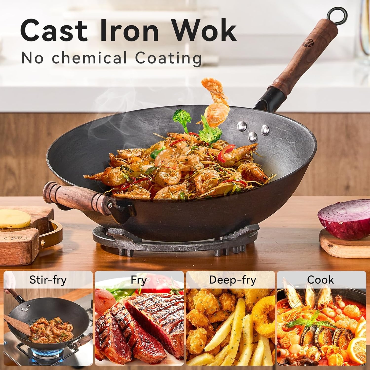 image:imageWANGYUANJI Cast Iron Wok Pan 12 inch Flat Bottom with Wooden Handle and Lid and 8 Inch Hammered Iron Stir Fry Pan for 12 Servings