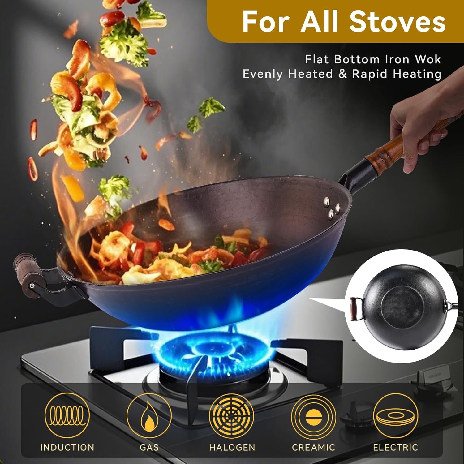 image:imageWANGYUANJI Cast Iron Wok Pan 12 inch Flat Bottom with Wooden Handle and Lid and 8 Inch Hammered Iron Stir Fry Pan for 12 Servings