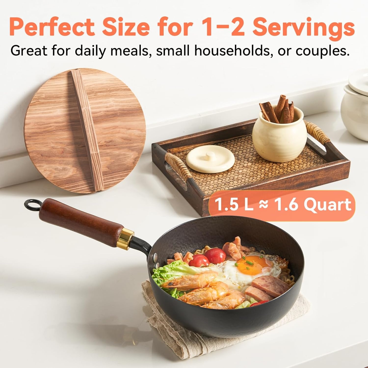 image:imageWANGYUANJI Cast Iron Wok Pan 12 inch Flat Bottom with Wooden Handle and Lid and 8 Inch Hammered Iron Stir Fry Pan for 12 Servings