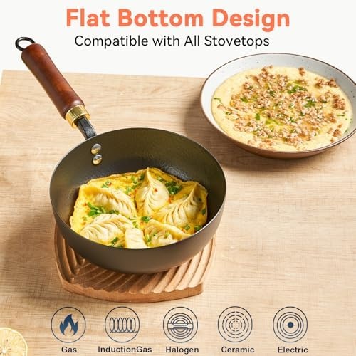image:imageWANGYUANJI Cast Iron Wok Pan 12 inch Flat Bottom with Wooden Handle and Lid and 8 Inch Hammered Iron Stir Fry Pan for 12 Servings