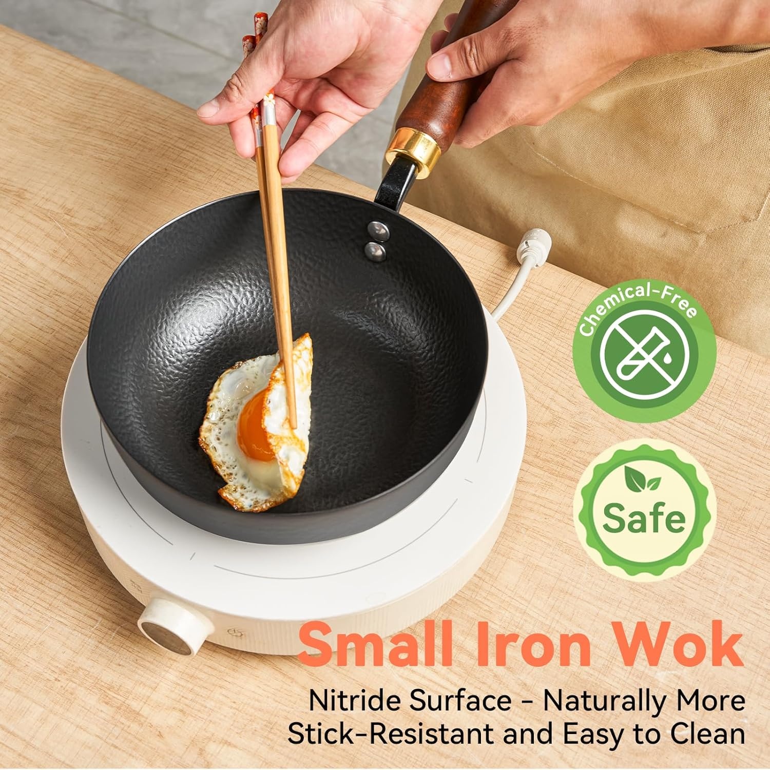 image:imageWANGYUANJI Cast Iron Wok Pan 12 inch Flat Bottom with Wooden Handle and Lid and 8 Inch Hammered Iron Stir Fry Pan for 12 Servings