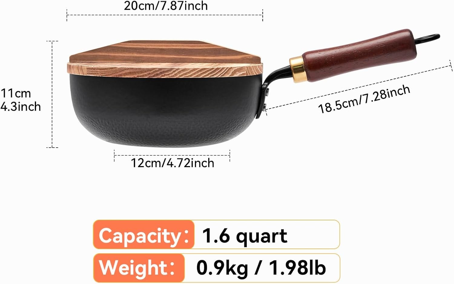 image:imageWANGYUANJI Cast Iron Wok Pan 12 inch Flat Bottom with Wooden Handle and Lid and 8 Inch Hammered Iron Stir Fry Pan for 12 Servings