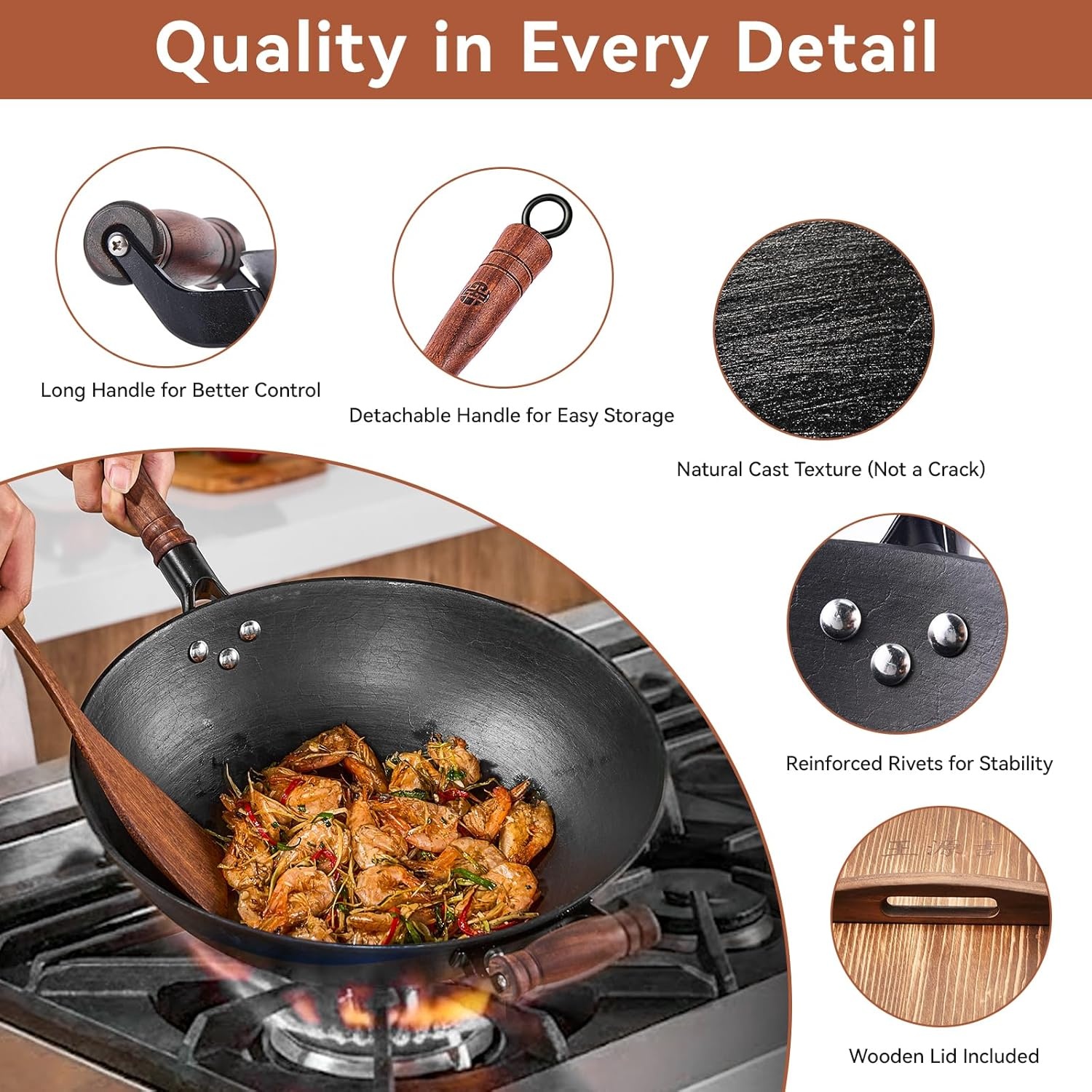 image:imageWANGYUANJI Cast Iron Wok Round Bottom 125 with Traditional Iron Spatula