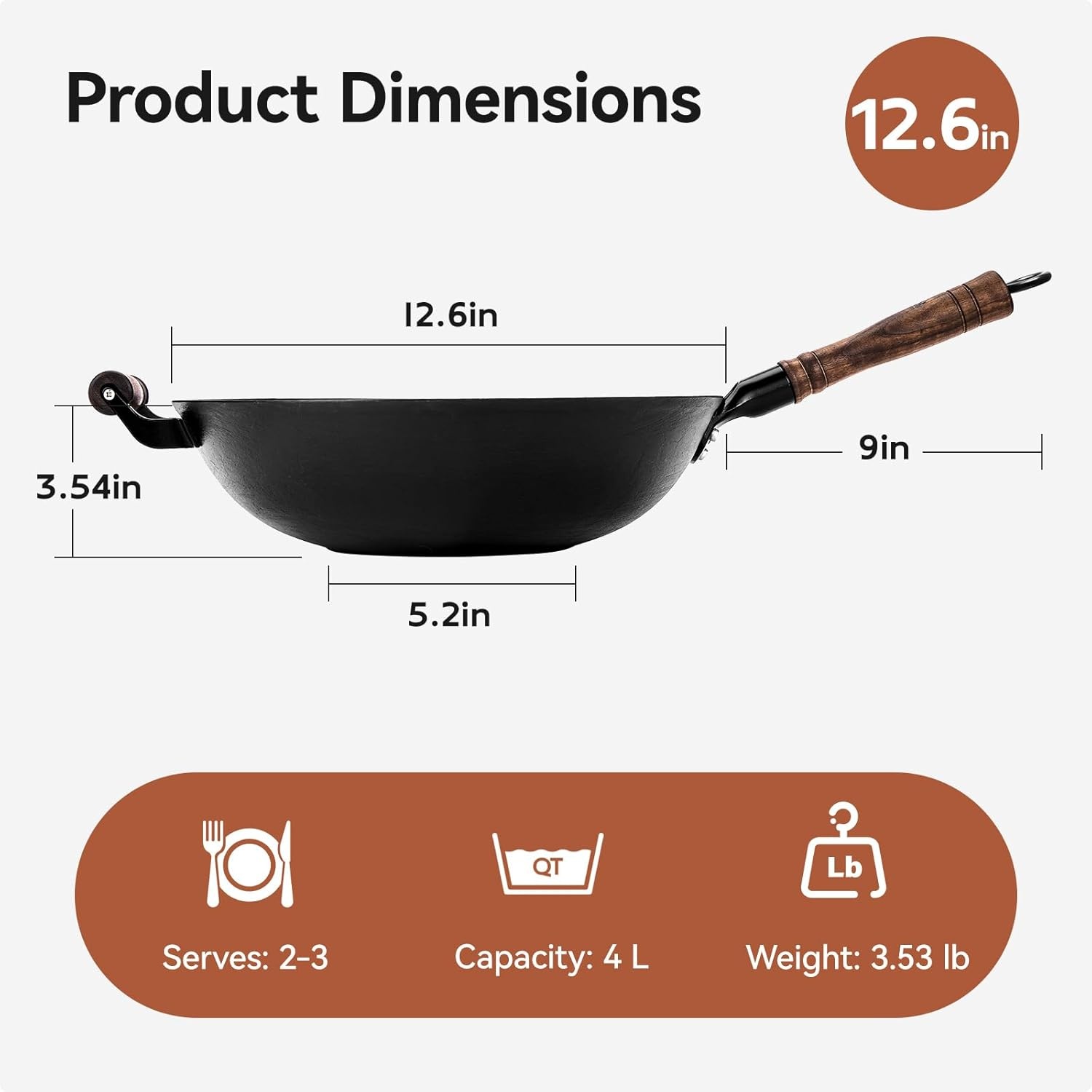 image:imageWANGYUANJI Cast Iron Wok Round Bottom 125 with Traditional Iron Spatula