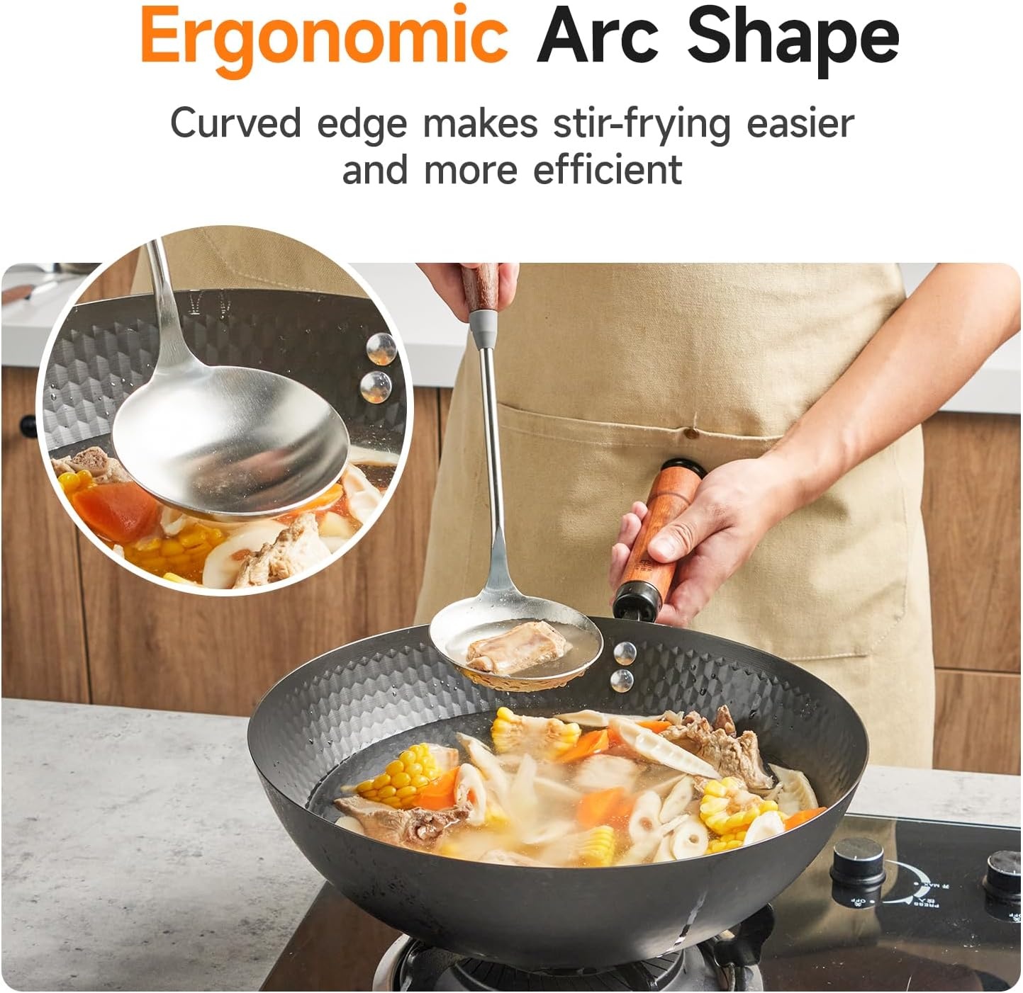 image:imageWANGYUANJI Stainless Steel Soup Ladle 142 Long Handle126Inch Cast Iron Chinese Wok with Round Bottom amp Glass Lid