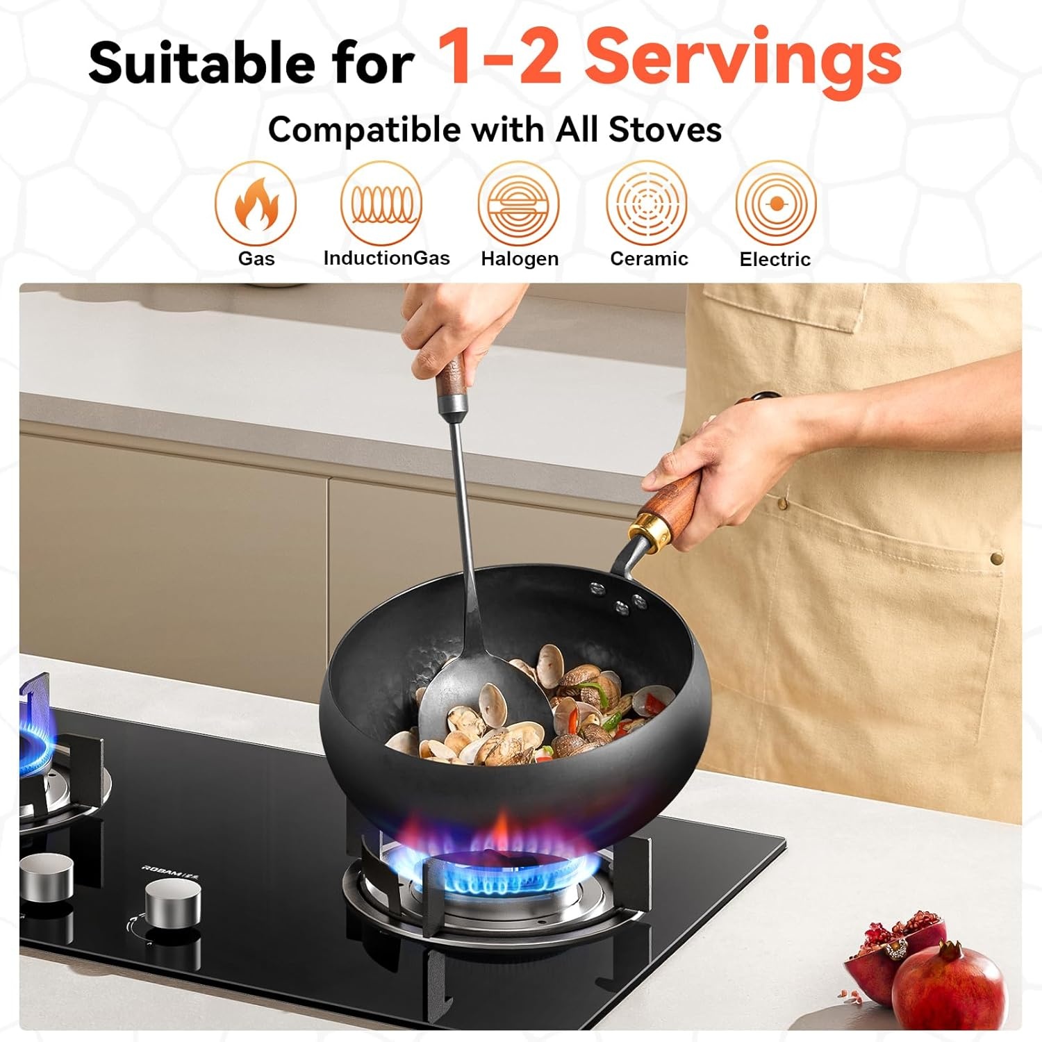 image:imageWANGYUANJI Stainless Steel Soup Ladle 142 Long HandleWrought Iron Flat Bottom Wok with Glass Lid