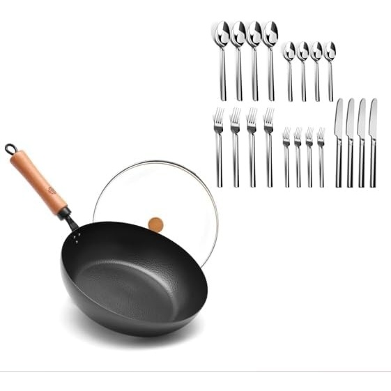 image:image11Inch Carbon Steel Frying Pan with Beech Wooden Handle and 20Piece Stainless Steel Flatware Set Service for 4 4 5Piece Place Settings Knife Dinner Fork Salad Fork Dinner Spoon amp Teaspoon
