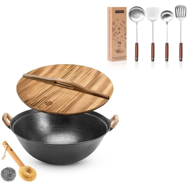 image:imageWANGYUANJI 118 Inch Handmade Cast Iron Wok and 4Piece Stainless Steel Kitchen Utensil Set