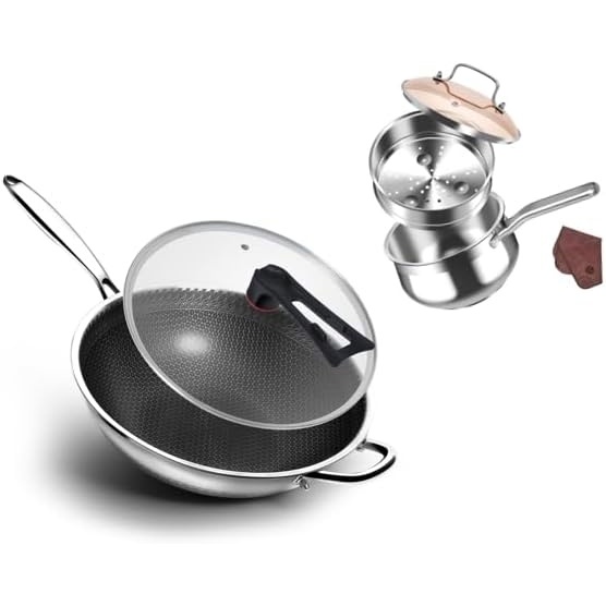 image:imageWANGYUANJI 126 FlatBottom StirFry Pan and 25Quart Stainless Steel Saucepan with Steamer Basket