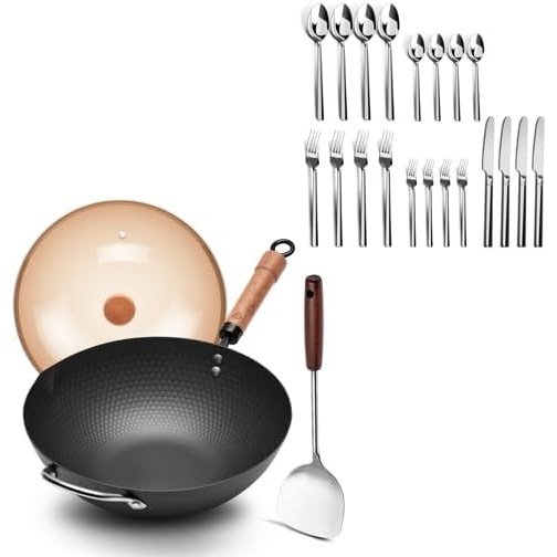 image:imageWANGYUANJI 126 Wok with Lid Flat Bottom Nonstick Wok and 20Piece Stainless Steel Flatware Set Service for 4 4 5Piece Place Settings Knife Dinner Fork Salad Fork Dinner Spoon amp Teaspoon