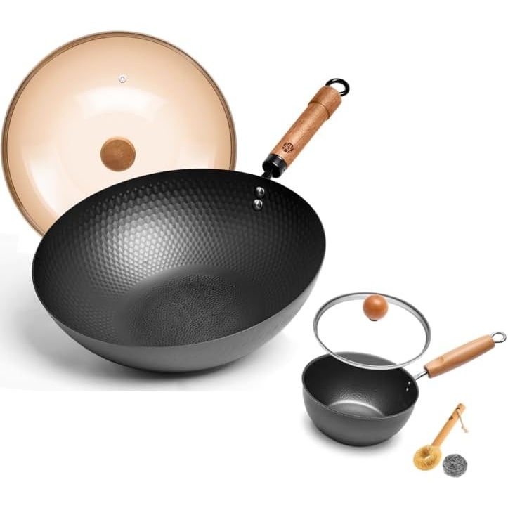 image:imageWANGYUANJI 126Inch Wok Pan with Lid and 71 Inch Hammered Cast Iron Saucepan with Glass Lid
