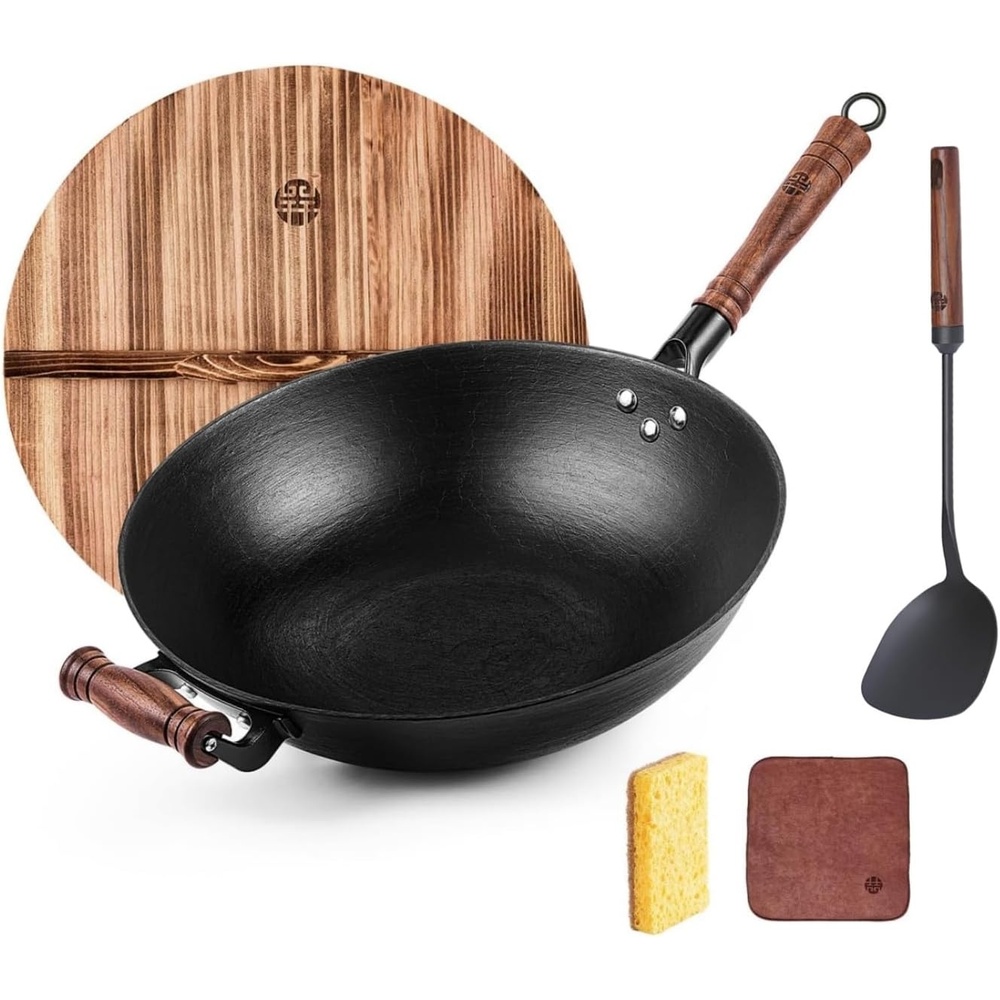image:imageWANGYUANJI Cast Iron Wok Flat Bottom 134 with Traditional Iron Spatula
