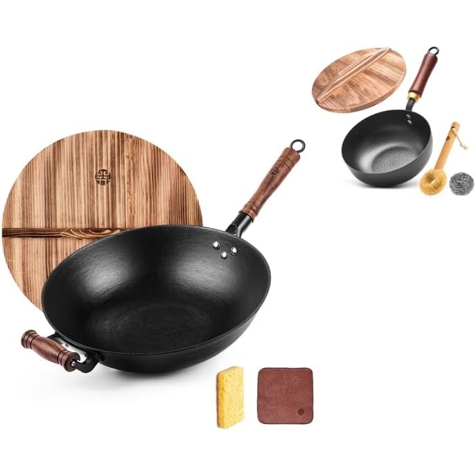 image:imageWANGYUANJI Cast Iron Wok Pan 12 inch Flat Bottom with Wooden Handle and Lid and 8 Inch Hammered Iron Stir Fry Pan for 12 Servings