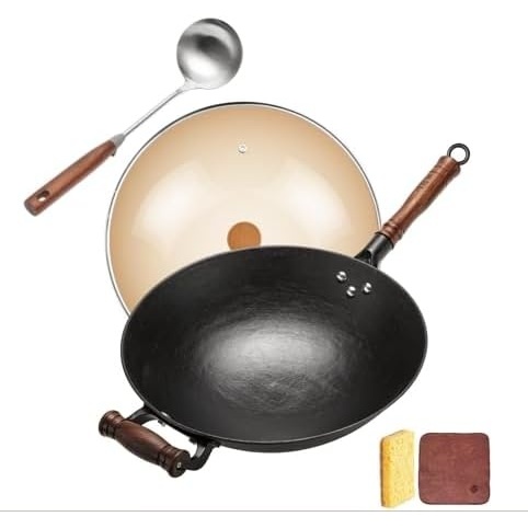 image:imageWANGYUANJI Stainless Steel Soup Ladle 142 Long Handle126Inch Cast Iron Chinese Wok with Round Bottom amp Glass Lid