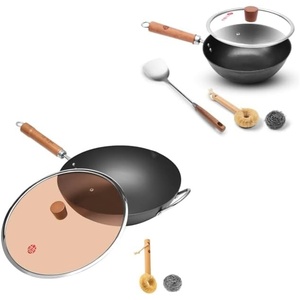 image:imageWANGYUANJI 102 Inch Cast Iron Wok with Lid126 FlatBottom Iron Wok with Glass Lid Uncoated StirFry Pan