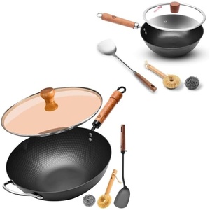image:imageWANGYUANJI 102 Inch Cast Iron Wok with Lid126 Iron Wok with Lid and Iron Spatula