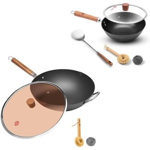 image:imageWANGYUANJI 102 Inch Cast Iron Wok with Lid142 FlatBottom Iron Wok with Glass Lid Uncoated StirFry Pan