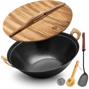 image:imageWANGYUANJI 126 Inch Carbon Steel Wok with Lid Flat Bottom Wok Pan for Induction Electric and Gas Stoves Uncoated Chinese Stir Fry Pan with Wooden Handle134inch
