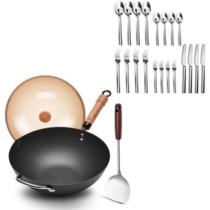 image:imageWANGYUANJI 126 Wok with Lid Flat Bottom Nonstick Wok and 20Piece Stainless Steel Flatware Set Service for 4  4  5Piece Place Settings Knife Dinner Fork Salad Fork Dinner Spoon amp Teaspoon