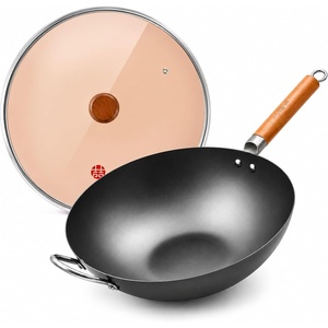 image:imageWANGYUANJI 142 Inch Carbon Steel Wok with Glass Lid 57 Qt Flat Bottom Stir Fry Pan Heavy Duty Uncoated Chinese Wok for Induction Gas Electric and Ceramic Stoves142wok