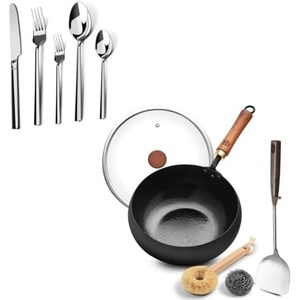 image:imageWANGYUANJI 5Piece Stainless Steel Flatware Set and Wrought Iron Flat Bottom Wok with Glass Lid  Detachable Wooden Handle