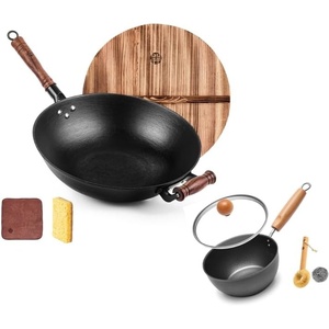 image:imageWANGYUANJI Cast Iron Wok Pan 12 inch Flat Bottom with Wooden Handle and Lid and 71 Inch Hammered Cast Iron Saucepan with Glass Lid