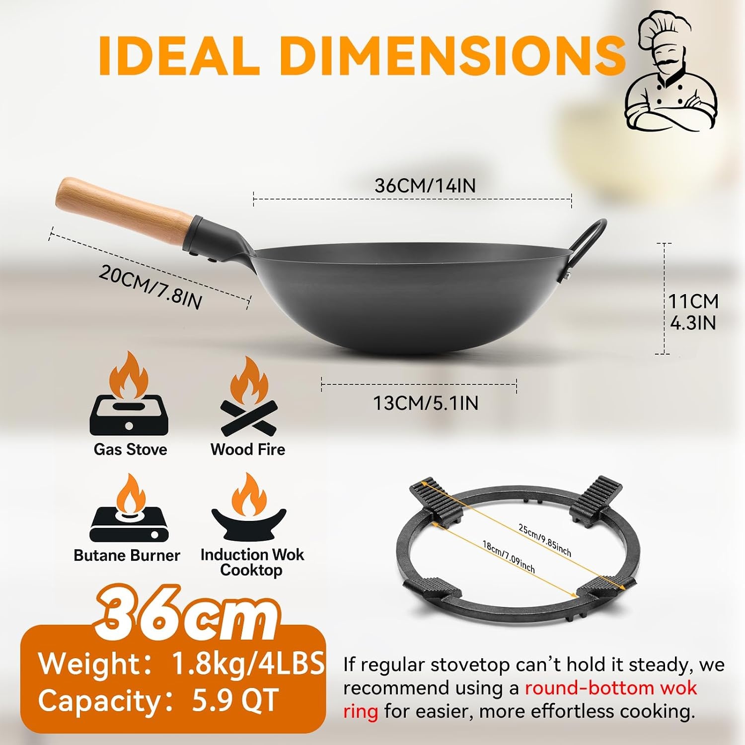 image:imageWANGYUANJI 142 Inch RoundBottom Iron Wok and Cast Iron Wok Ring for Gas Stove 83 NonSlip Wok Support Rack
