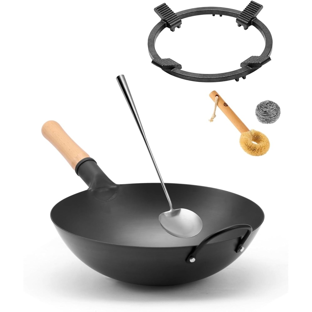 image:imageWANGYUANJI 142 Inch RoundBottom Iron Wok and Cast Iron Wok Ring for Gas Stove 83 NonSlip Wok Support Rack